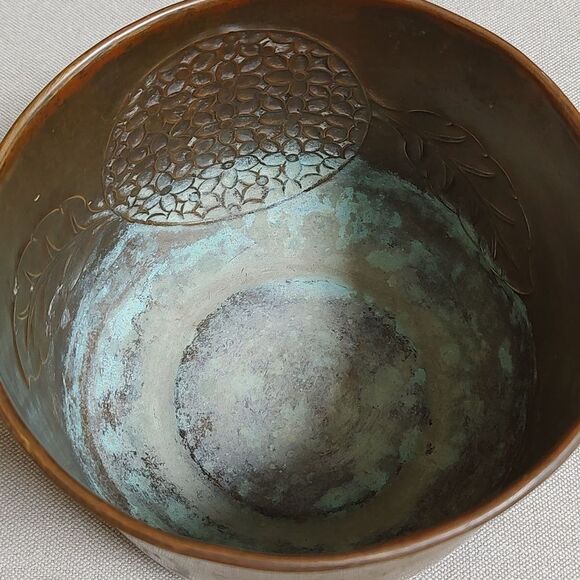 Hand Carved and Hand Painted Round Brass Cache Pot - Picture 5 of 8